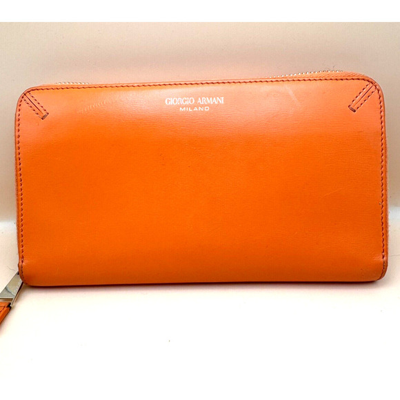 Giorgio Armani Women’s La Prima Lame-leather Wraparound Zip Wallet Orange $975 - Picture 1 of 13